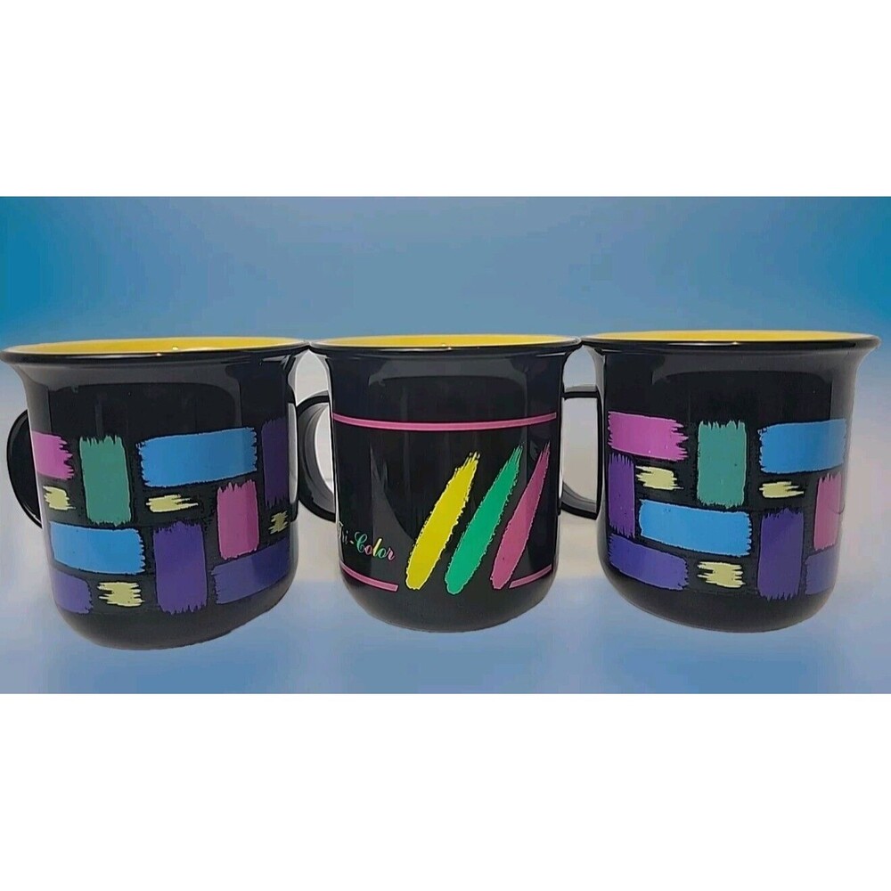 3 VTG Black & Yellow Eldiro Coffee Mugs Plastic Retro 80s Color Pops W. Germany